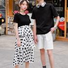 Couple Matching Dotted Panel Short-sleeve Midi Tiered Dress / Plain Short-sleeve T-shirt / Shorts