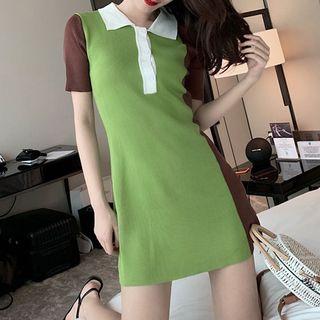 Two-tone Short-sleeve Knit Mini Polo Shirt Dress