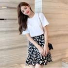 Set: Flower Embroidered Short-sleeve T-shirt + Ruffle Hem Mini A-line Skirt