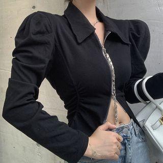 Puff-sleeve Collared Zip Top