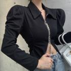 Puff-sleeve Collared Zip Top