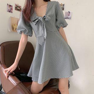 Puff Sleeve V-neck Gingham A-line Dress