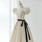 Puff-sleeve Textured Cocktail Dress