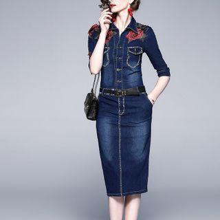 Floral Embroidered Denim Shirtdress