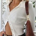 Long Sleeve Collar Ribbed-knit Crop Cardigan