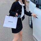 Set : Round-neck Single-breasted Tweed Jacket + High-waist A-line Skirt