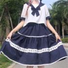 Short-sleeve Sailor Collar Shirt / Midi A-line Skirt