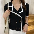 Notch Lapel Double-breasted Short-sleeve Cardigan