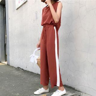 Set: Sleeveless Top + Contrast Trim Wide Leg Pants