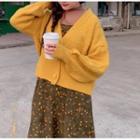 Long-sleeve Plain Knit Cardigan / Floral Printed Corduroy Spaghetti-strap Dress