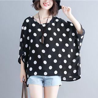 Polka Dot Elbow-sleeve Loose Fit Top