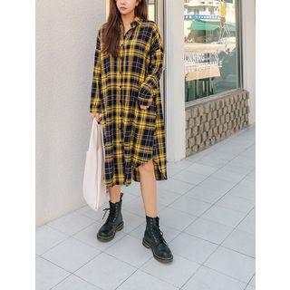 Boxy Tartan-plaid Long Shirtdress