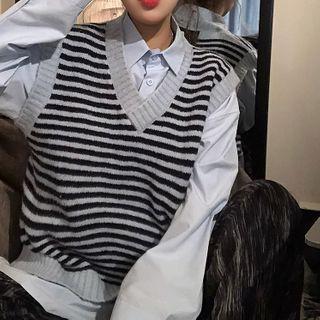 V-neck Striped Sweater Vest / Long-sleeve Shirt