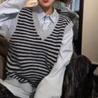 V-neck Striped Sweater Vest / Long-sleeve Shirt