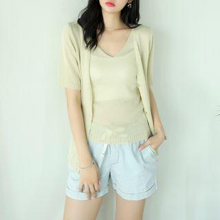 Set: Short-sleeve Cardigan + V-neck Sleeveless Knit Top