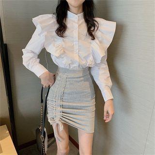 Ruffled Shirt / Drawstring Mini Pencil Skirt