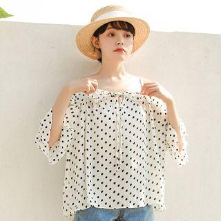 Dotted Frill Trim Off Shoulder Elbow Sleeve Blouse