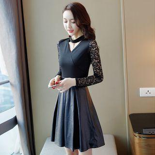 Choker-neck Lace Panel A-line Dress