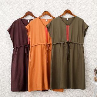 Short-sleeve Drawstring Midi A-line Dress Coffee - M