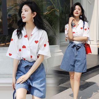 Set: Heart Printed Short-sleeve Blouse + High Waist Denim Shorts