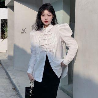 Long-sleeve Collared Frog-buttoned Blouse White - One Size