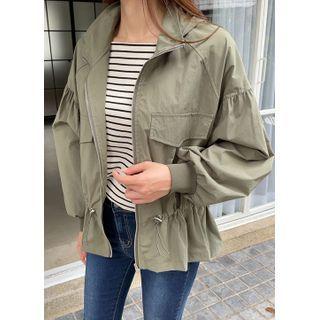 Hooded Shirred Zip-up Safari Jacket