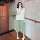 V-neck Cardigan / Long-sleeve Floral Print Midi Chiffon Dress