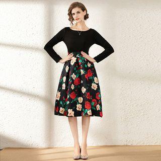 Long-sleeve Flower Print A-line Midi Dress