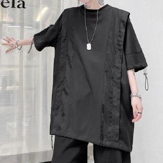 Elbow-sleeve Crew Neck Drawstring T-shirt