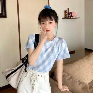 Short-sleeve Round-neck Plaid Top