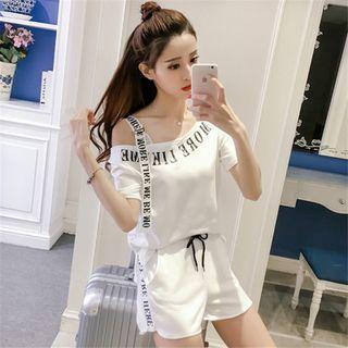 Set: Lettering Cold-shoulder Short-sleeve + Drawstring Shorts