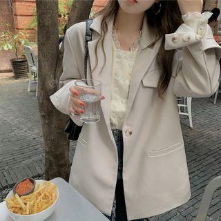 One-button Blazer / Long-sleeve Lace Trim Chiffon Blouse