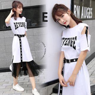 Set: Short-sleeve Lettering T-shirt Dress + Mesh Midi A-line Skirt + Belt