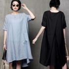 Pocket-detail Asymmetric-hem Linen Dress