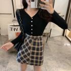 V-neck Ribbed Cardigan + Plaid Panel Mini A-line Skirt