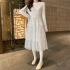 Sequined Knit Long-sleeve Midi Tiered Dress White - One Size