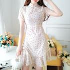Heart Print Mandarin Collar Short-sleeve Mini A-line Dress