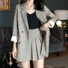 Double-breasted Plaid Blazer / Mini A-line Pleated Skirt / Cropped Dress Pants
