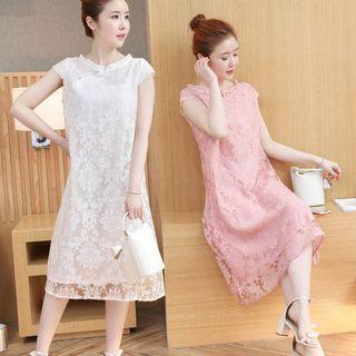Frill Trim Cap Sleeve Lace Dress