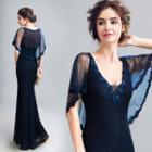 Cape Sleeve Embellished Lace Evening Gown