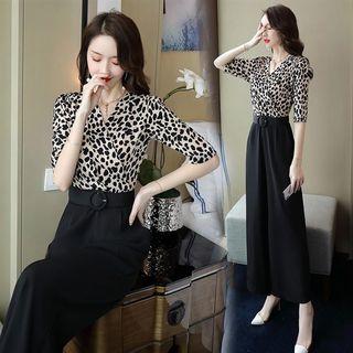Elbow-sleeve Leopard Print Wide-leg Jumpsuit