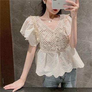 Short-sleeve Pointelle Top Almond - One Size
