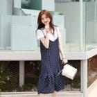 Set: T-shirt + Spaghetti-strap Polka-dot Dress