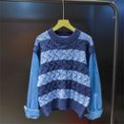 Denim Panel Striped Sweater Blue - One Size