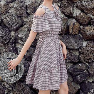 Cold-shoulder Mini Plaid A-line Dress
