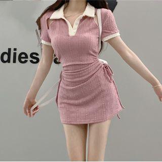Short-sleeve Contrast Trim Polo Dress Pink - One Size