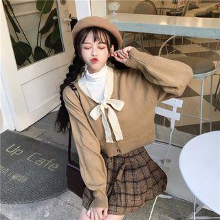 Bow Accent Cardigan / Turtleneck Long-sleeve Top / Mini Plaid Pleated Skirt