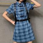 Short-sleeve Plaid Mini A-line Dress / Belt