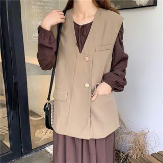 Sleeveless Plain Vest / Long-sleeve Tie-neck Dress