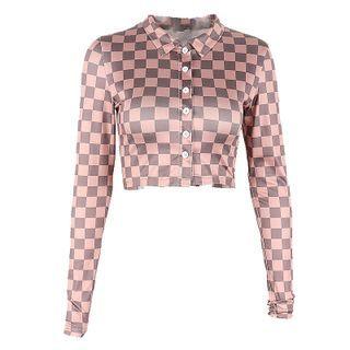 Long-sleeve Checkered Cropped T-shirt